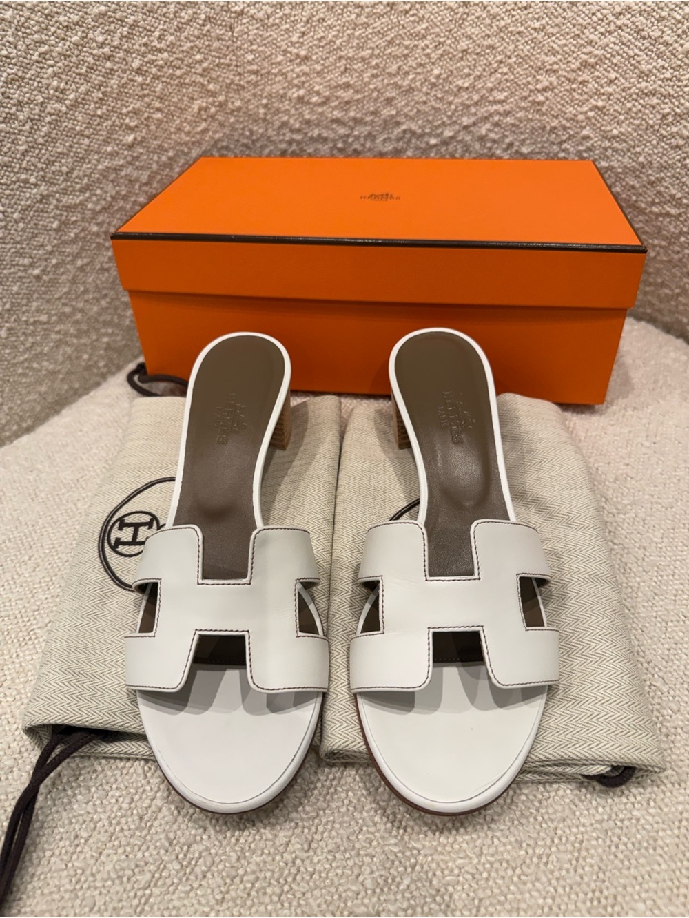 Hermes White Oran Slide Sandals